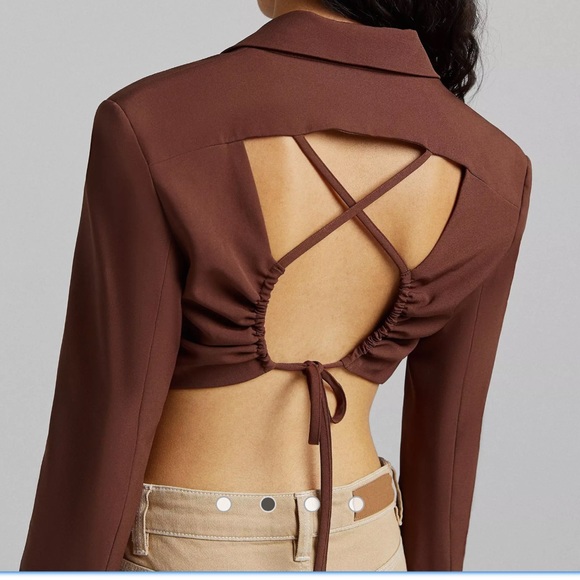 BERSHKA |🤎 Chocolate Brown Open-Back Cropped Co-Ord Blazer Top ✨NWT!✨ - Picture 11 of 12